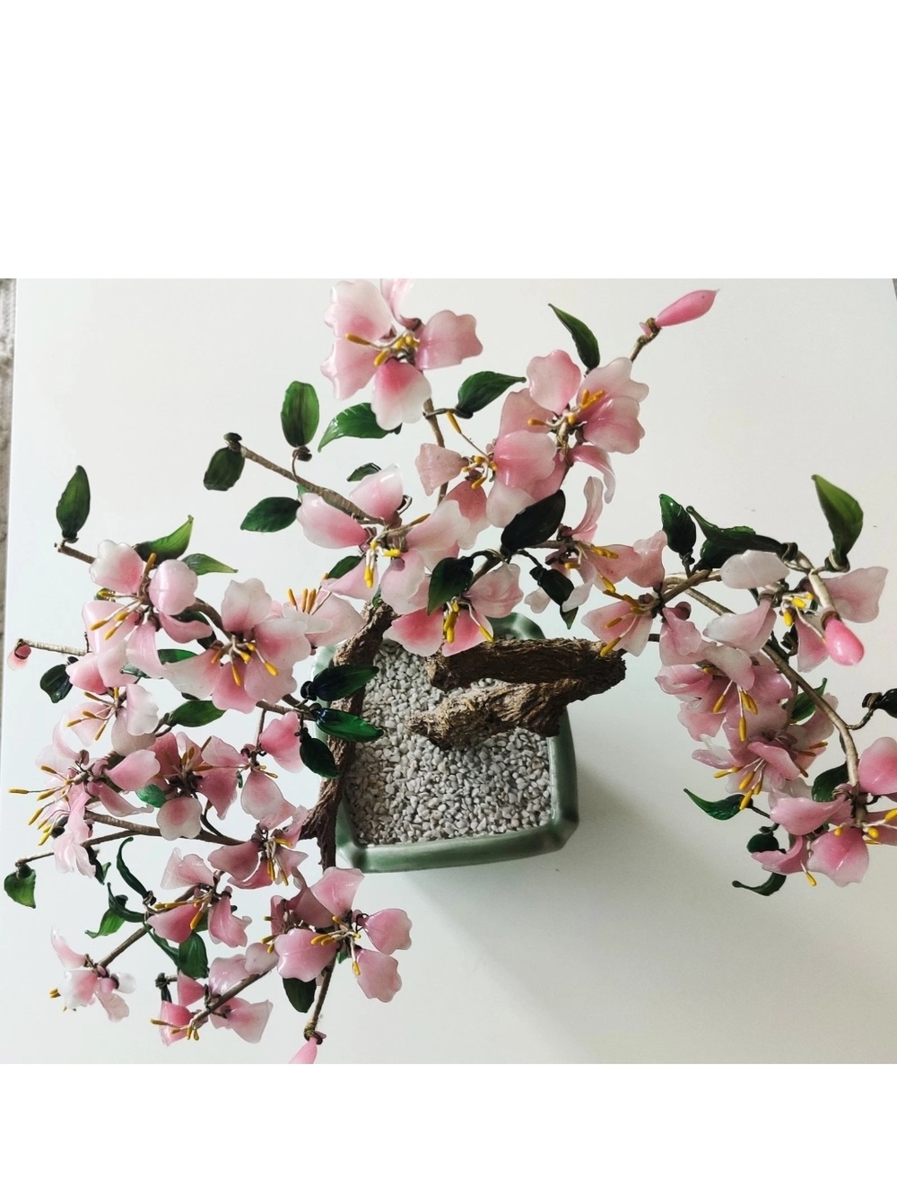 Chinese Glass Pink Cherry Blossom Flower Celadon Pot Chinoiseries Bonsai Vintage